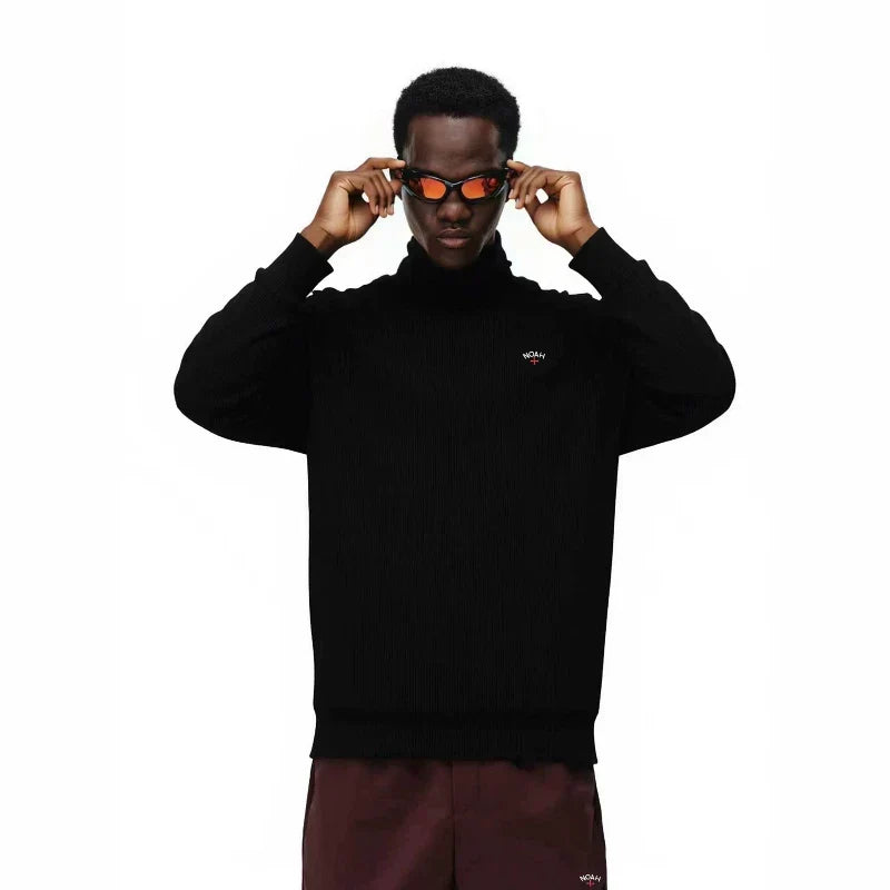 NOAH MARS Men Mock Neck Warm Base Long Sleeve Tee Chest Cross Embroidery Logo