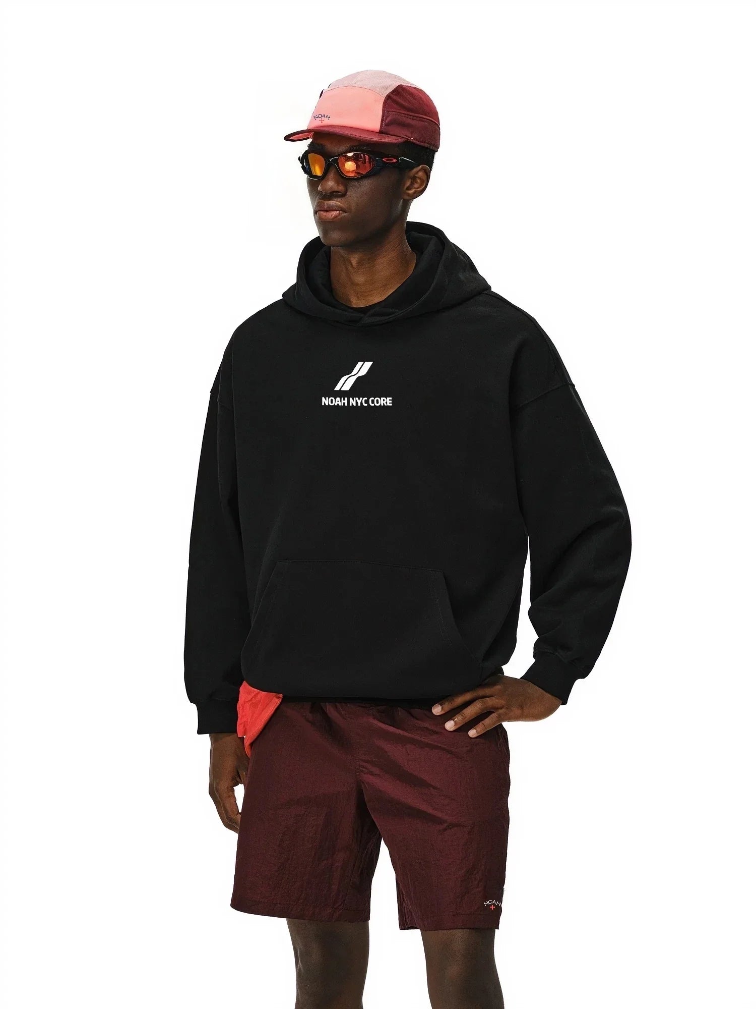NOAH MARS Two Bar Wave Print Heavy Thread Splicing Hooded Sweatshirt