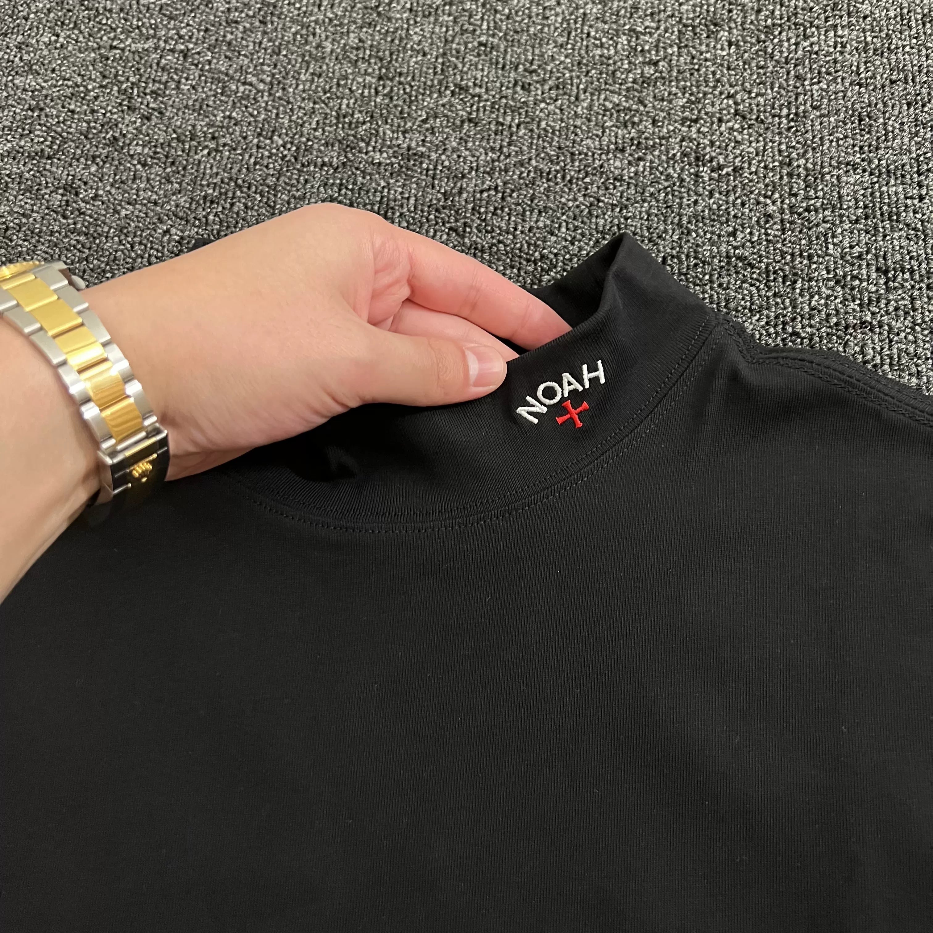 NOAH MARS Men Vintage Mock Neck Long Sleeve Base Tee Chest Cross Embroidery
