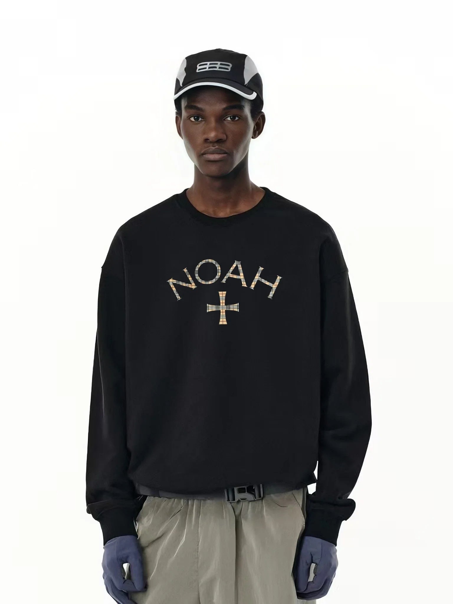 NOAH MARS Men Heavyweight Crew Sweatshirt Plaid Cross Thread Splicing