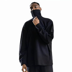 NOAH MARS Men Mock Neck Black Embroidered Long Sleeve Cotton Base Tee