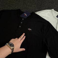 NOAH MARS Men Henley Black Soul Cross Embroidered Long Sleeve Tee