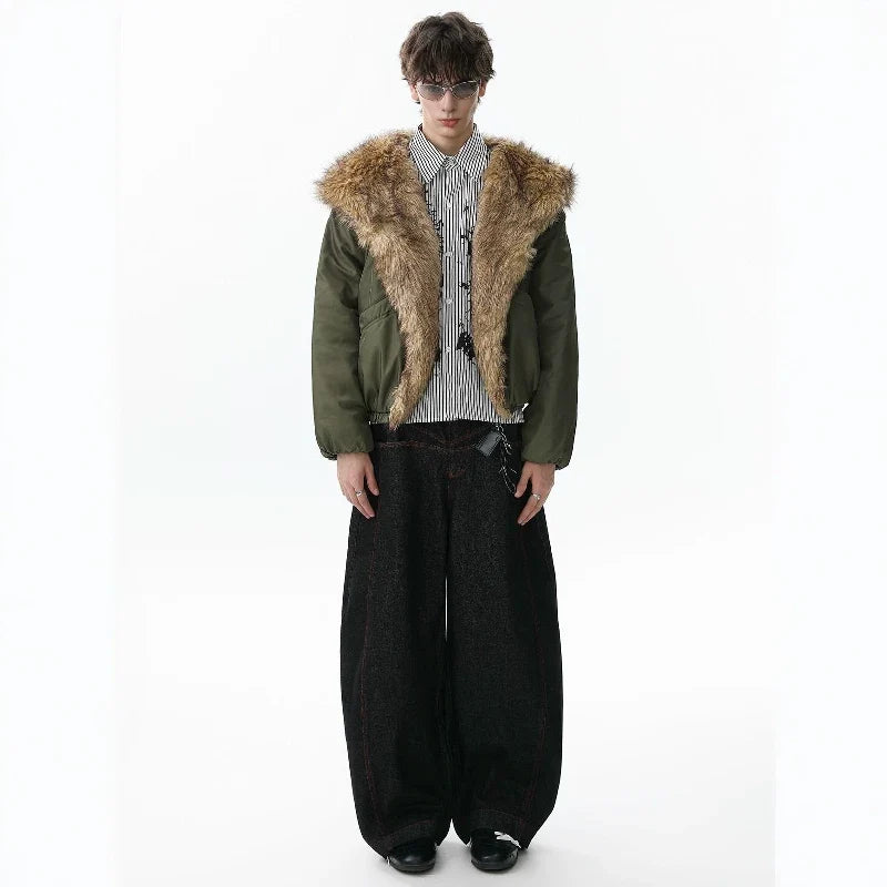 NOAH MARS Old Money Fur Collar Short Hooded Mountain Graphic Warm Cotton Jacket