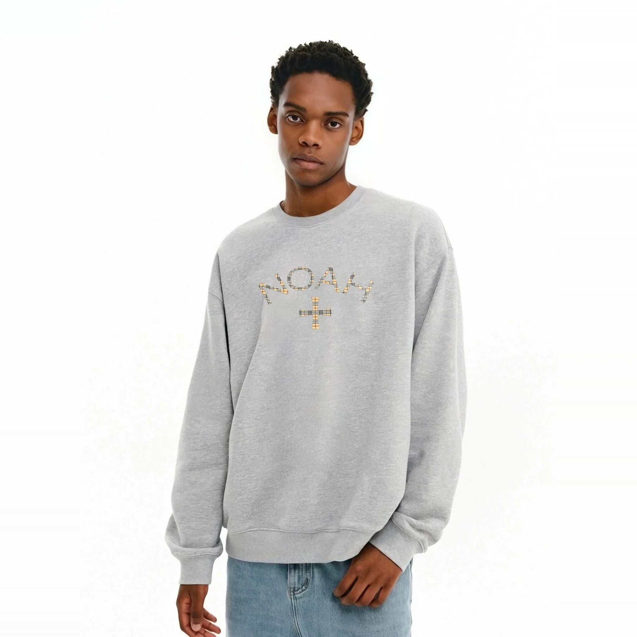 NOAH MARS Men Plaid Cross Thread Splice Crew Neck Sweatshirt