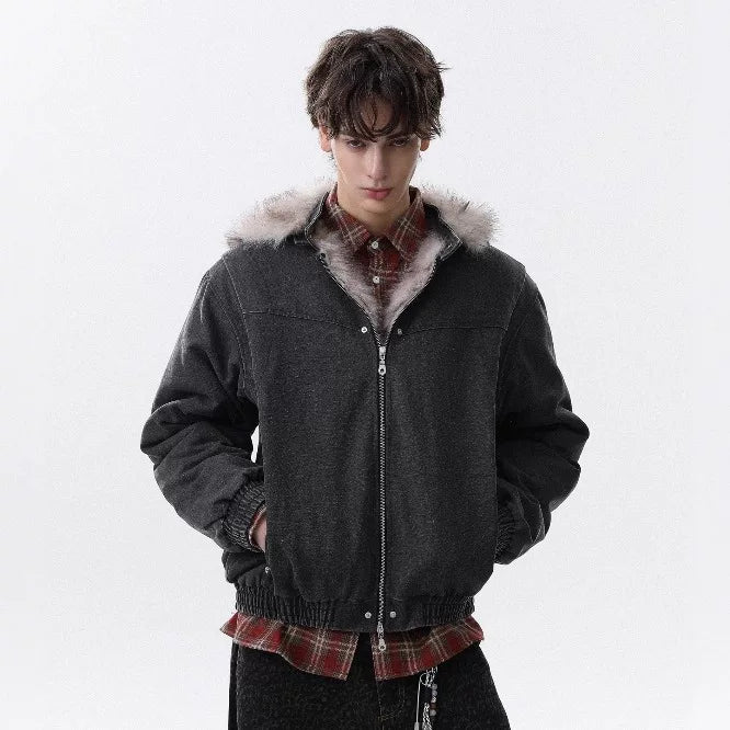 NOAH MARS Detachable Hood Fur Collar Mountain Print Loose Winter Cotton Jacket Men