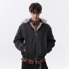 NOAH MARS Detachable Hood Fur Collar Mountain Print Loose Winter Cotton Jacket Men