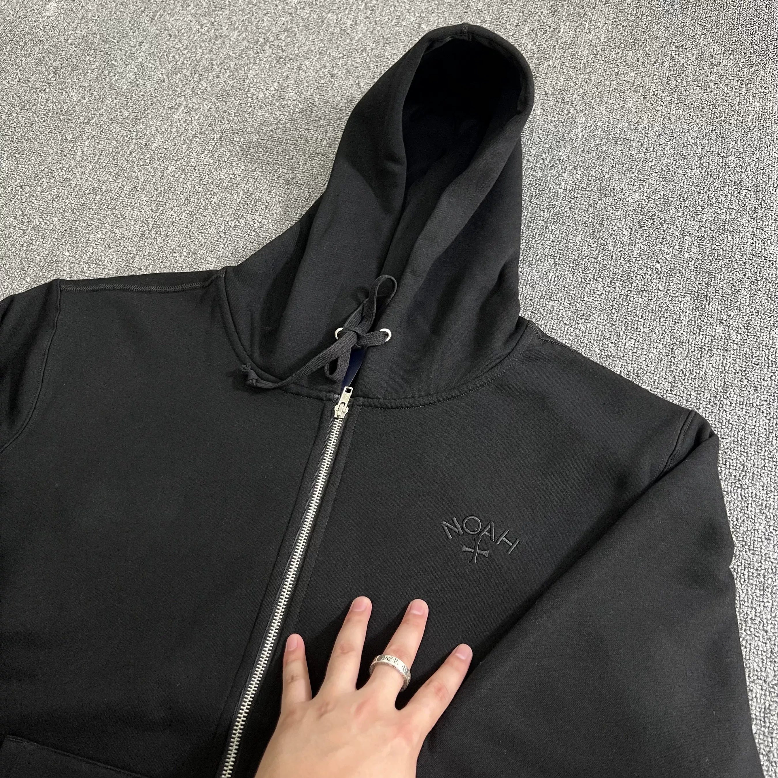 NOAH MARS Men Zip Up Hoodie Black Soul Cross Embroidery Cardigan Jacket