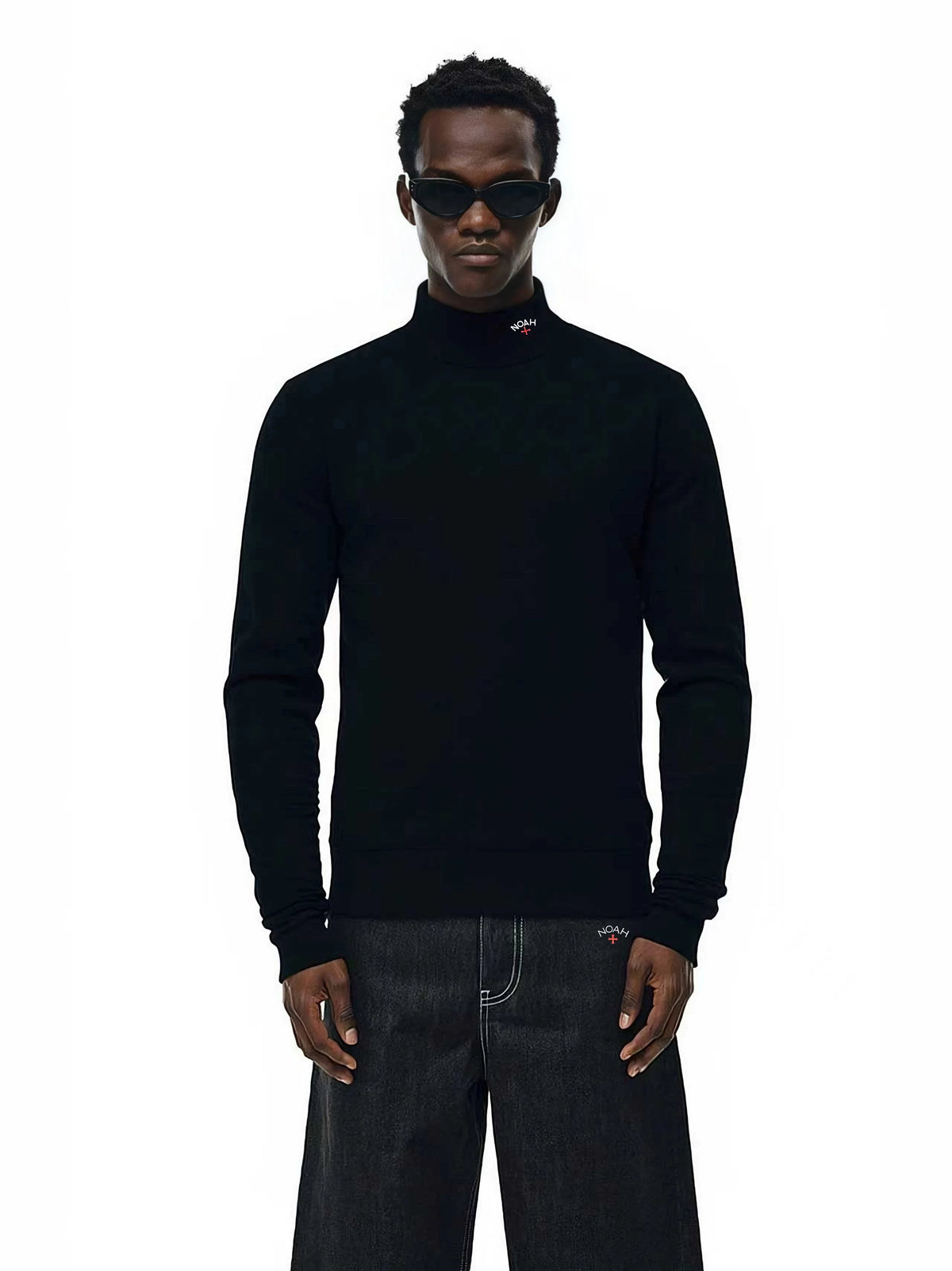 NOAH MARS Men Vintage Mock Neck Long Sleeve Base Tee Chest Cross Embroidery