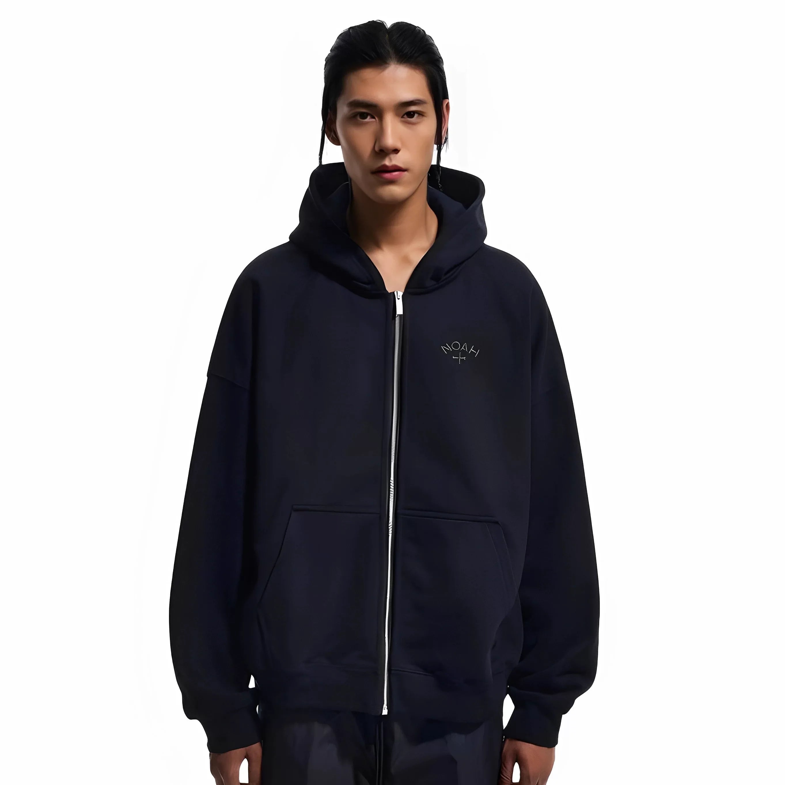 NOAH MARS Men Zip Up Hoodie Black Soul Cross Embroidery Cardigan Jacket