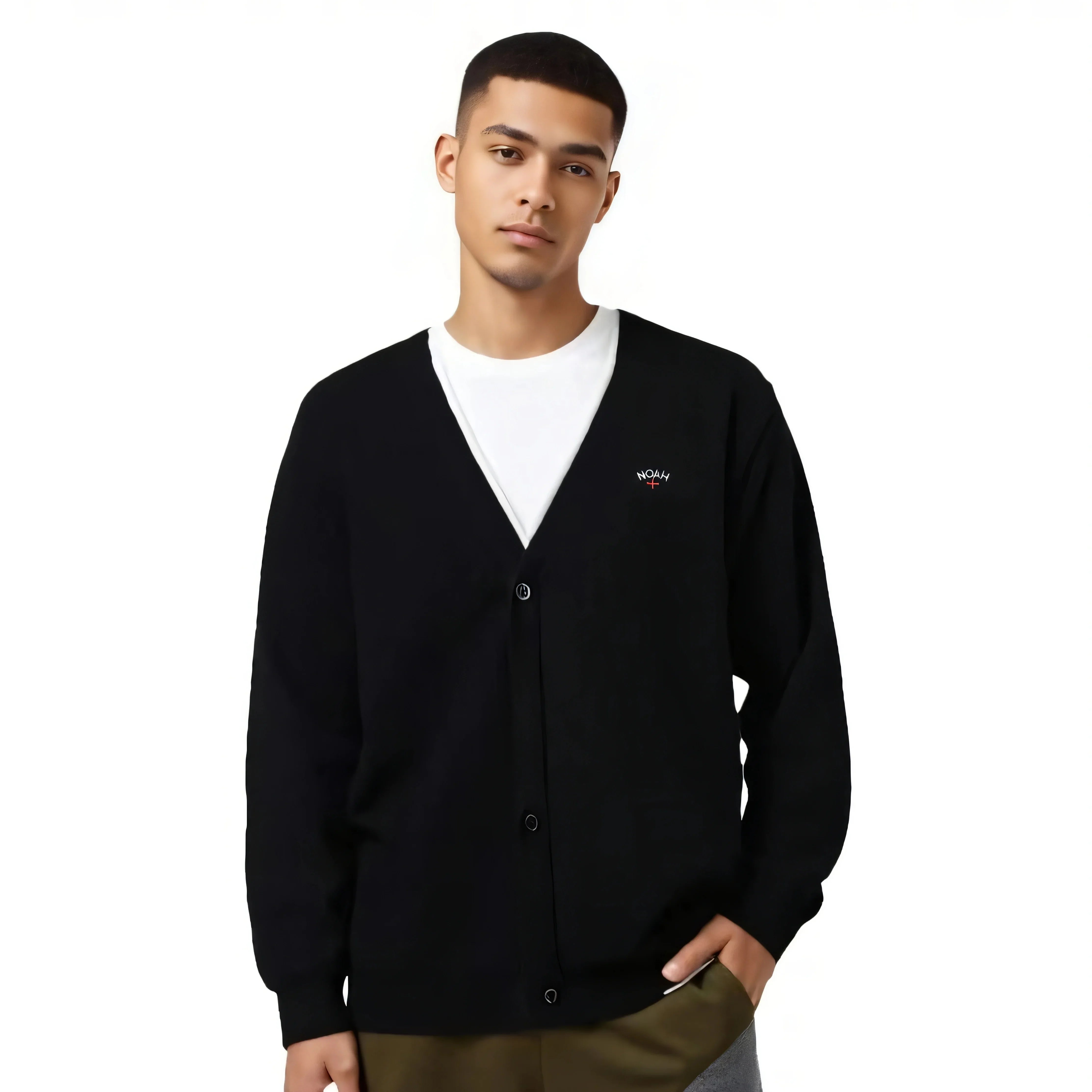 NOAH MARS Cross Embroidery V-Neck Button Knit Cardigan