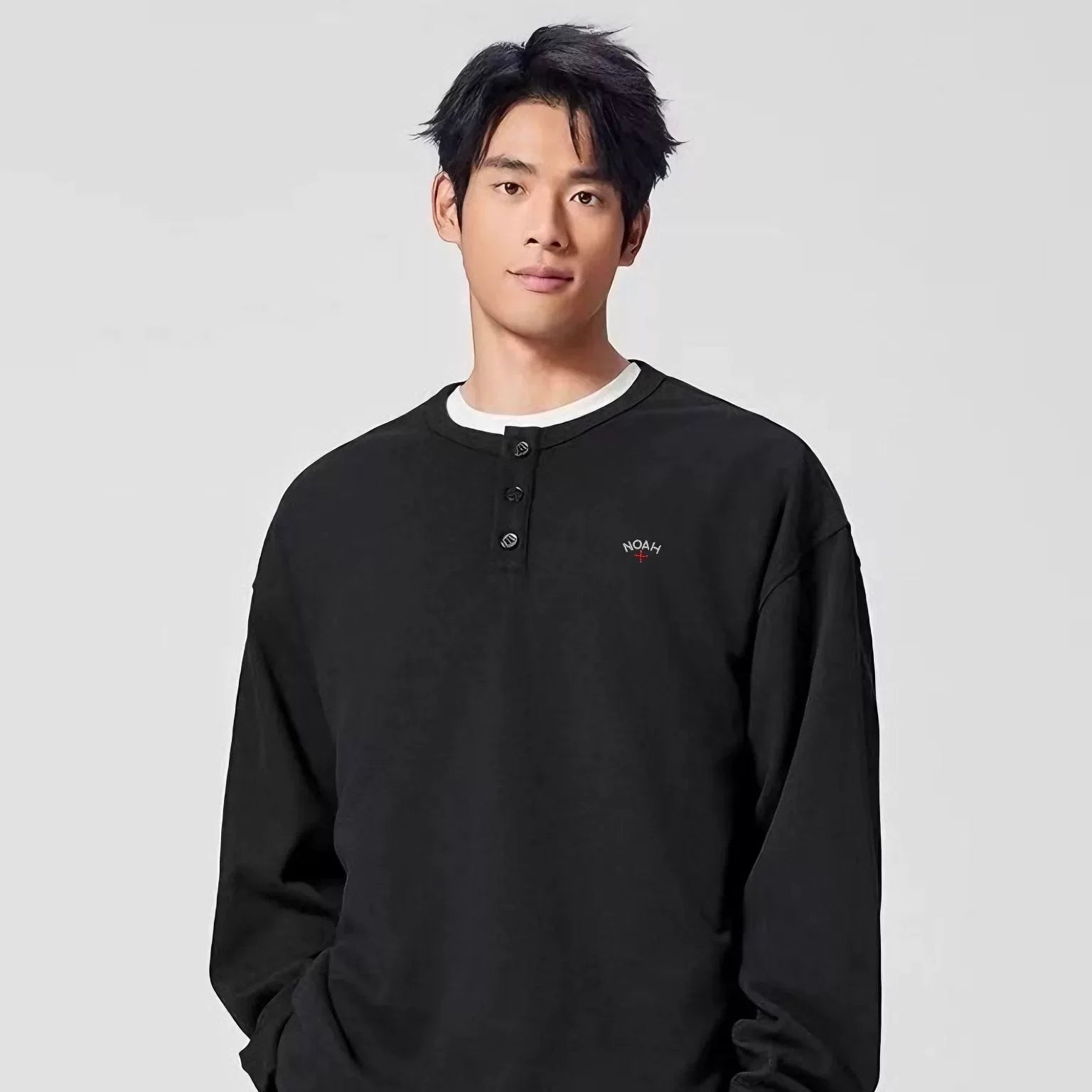 NOAH MARS Men Henley Black Soul Cross Embroidered Long Sleeve Tee