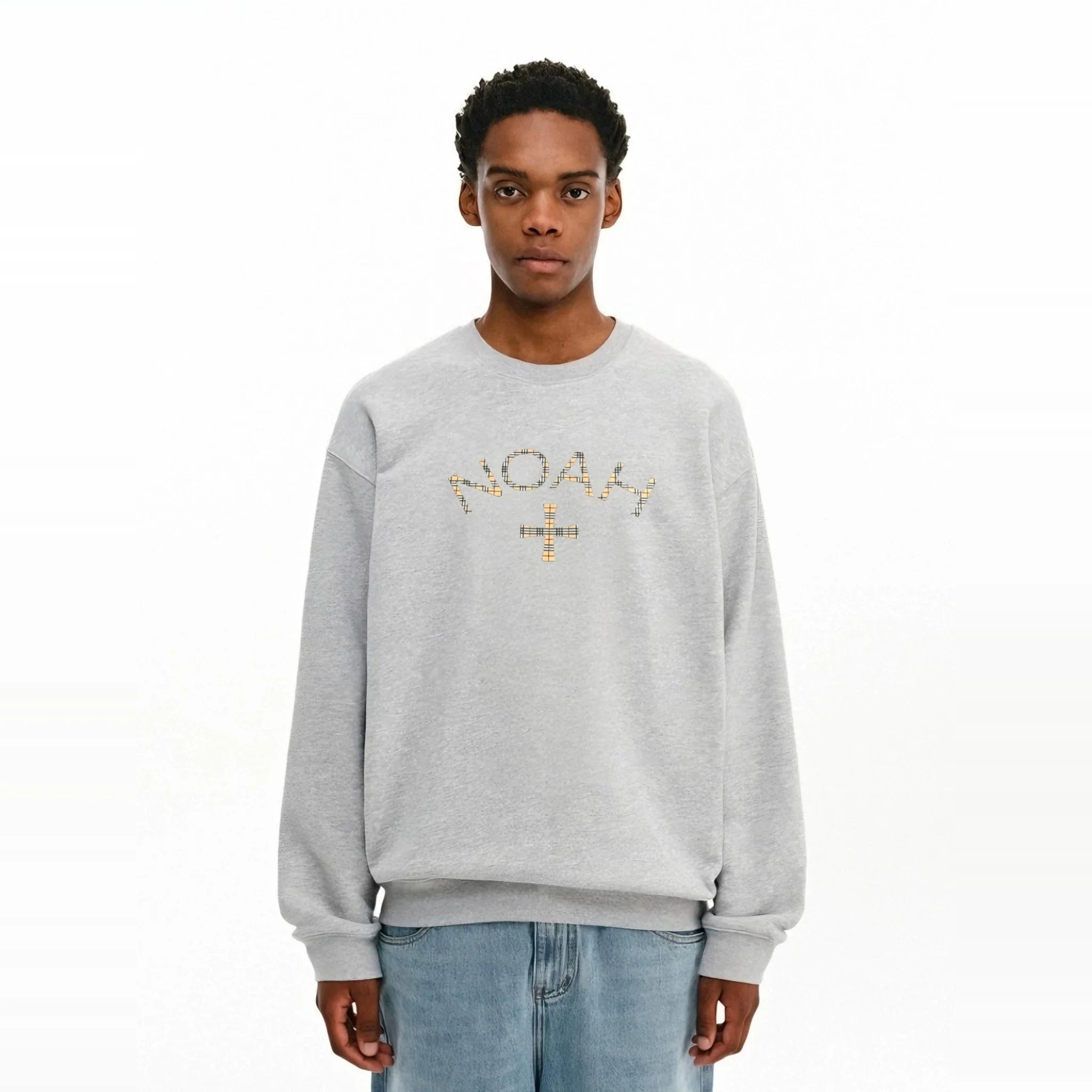 NOAH MARS Men Plaid Cross Thread Splice Crew Neck Sweatshirt