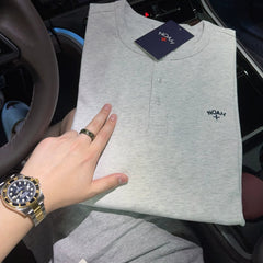 NOAH MARS Men Old Money Henley Long Sleeve Tee Chest Cross Embroidery Logo