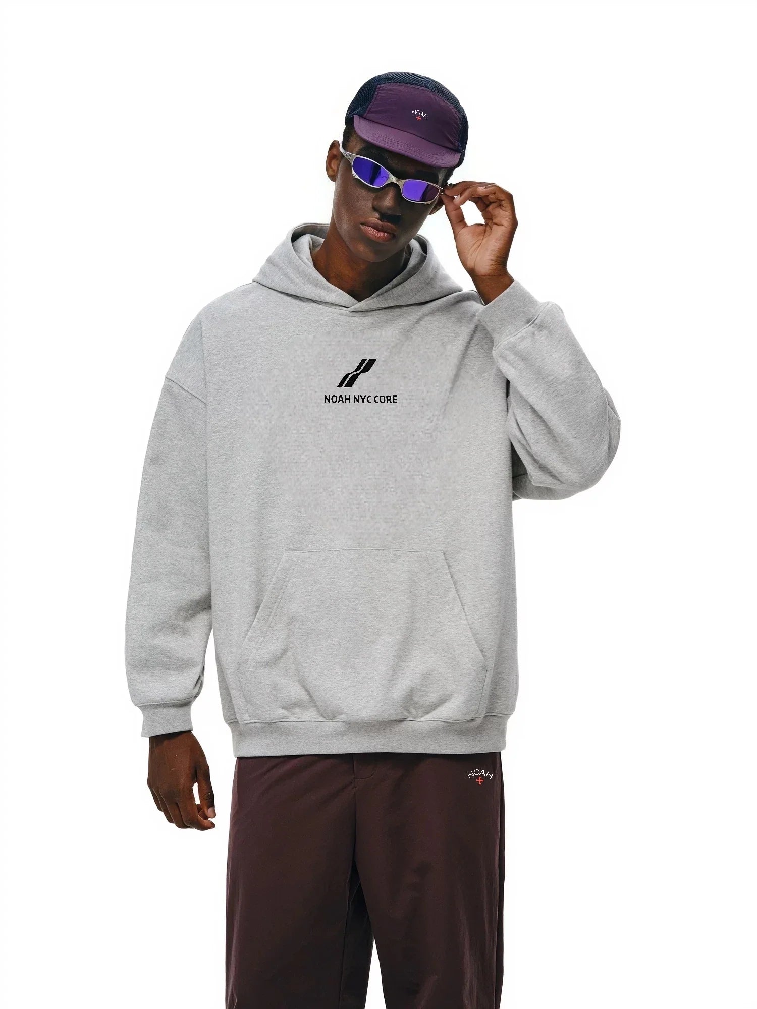 NOAH MARS Two Bar Wave Print Heavy Thread Splicing Hooded Sweatshirt