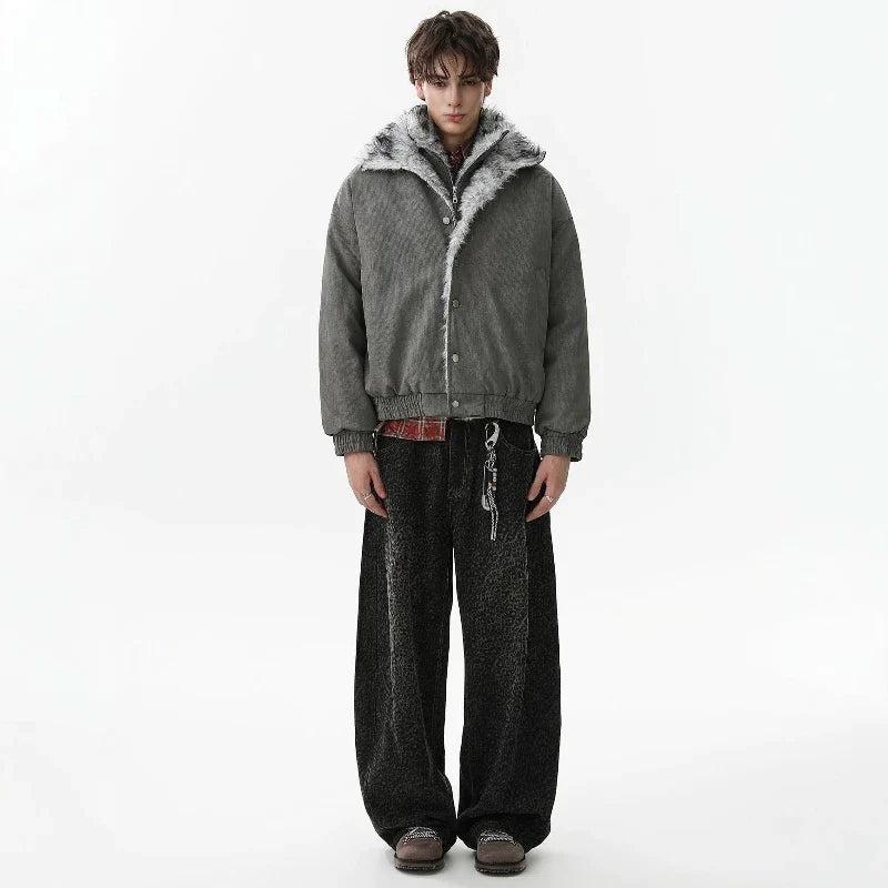 NOAH MARS Fur Collar Lapel Velvet Lined Mountain Print Men Winter Cotton Jacket Old Money