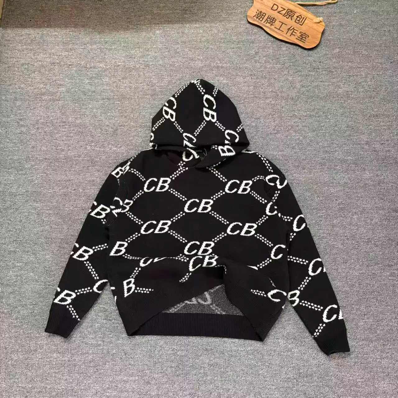 Cole Buxton Black All-Over Italic CB Chain Hoodie