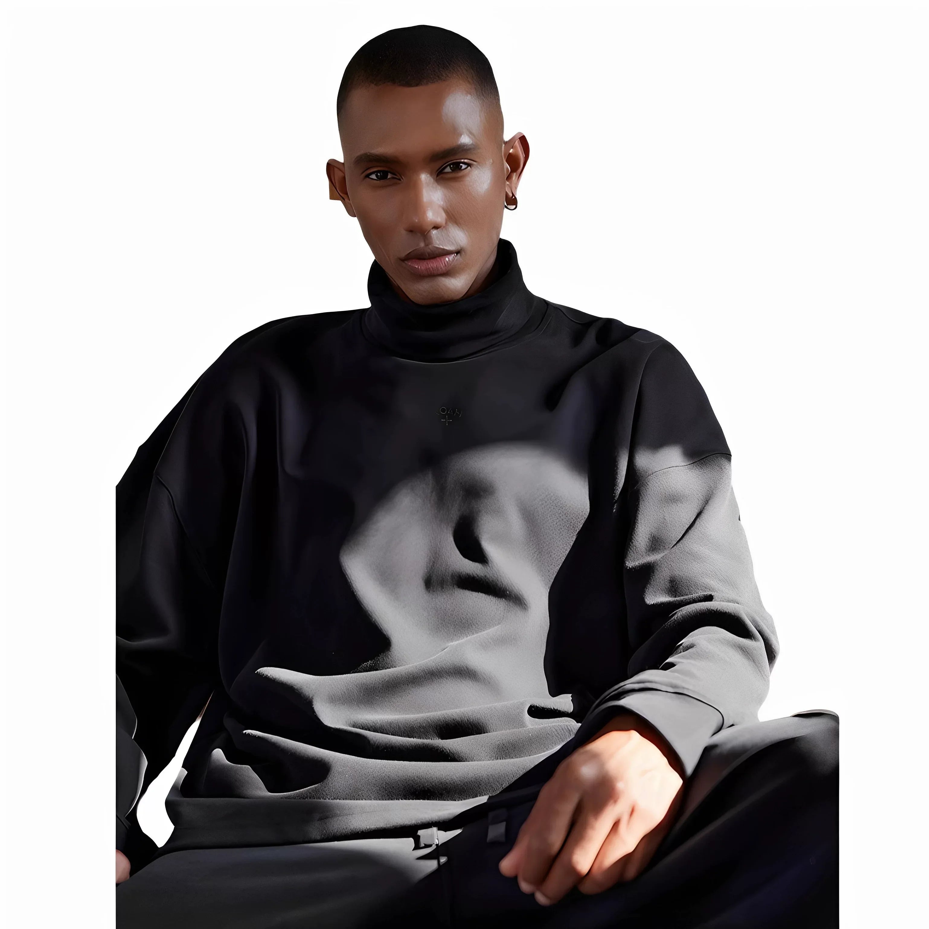 NOAH MARS Men Mock Neck Black Embroidered Long Sleeve Cotton Base Tee