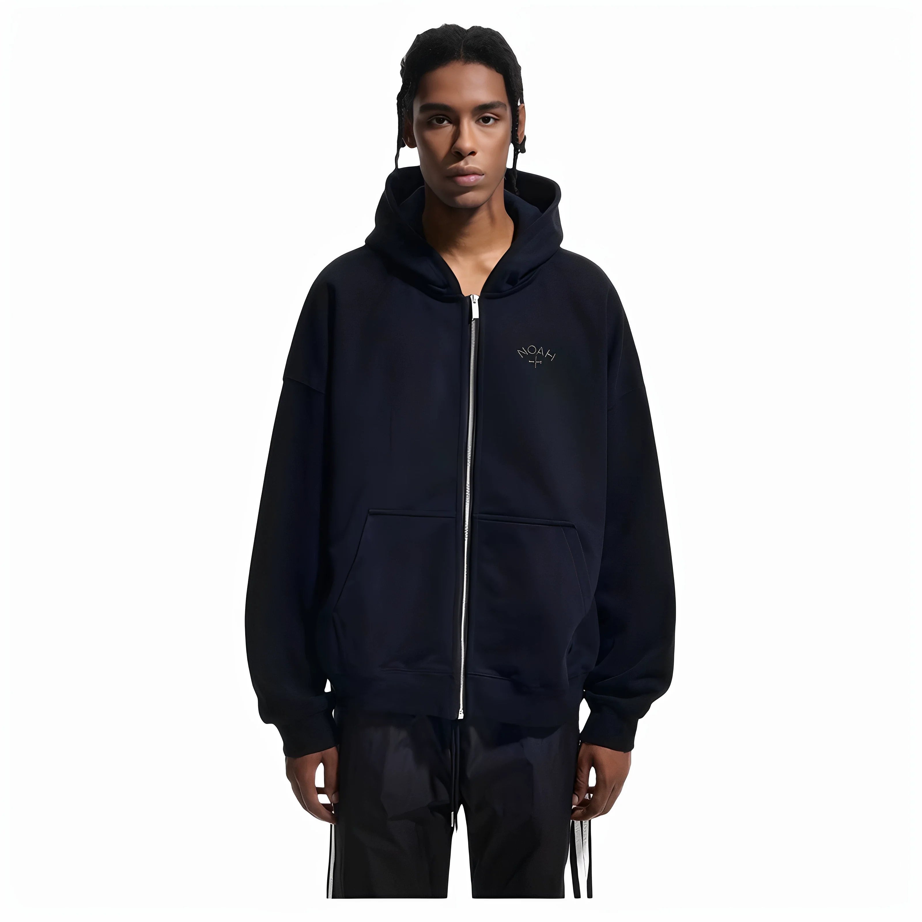NOAH MARS Men Zip Up Hoodie Black Soul Cross Embroidery Cardigan Jacket