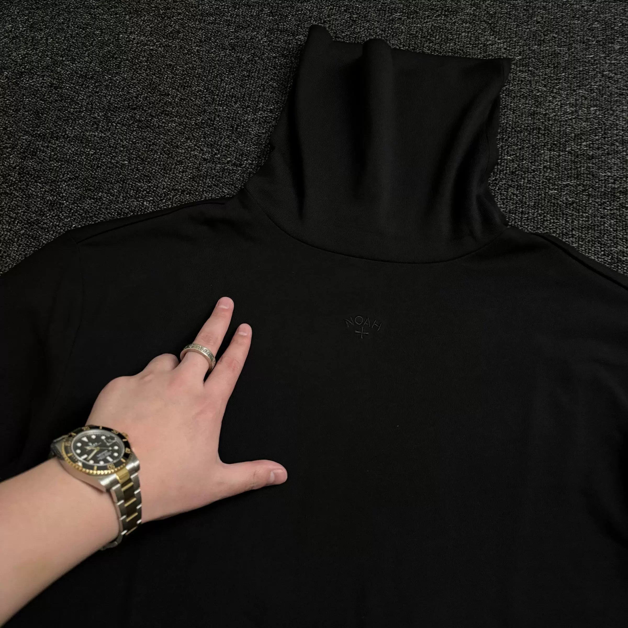 NOAH MARS Men Mock Neck Black Embroidered Long Sleeve Cotton Base Tee