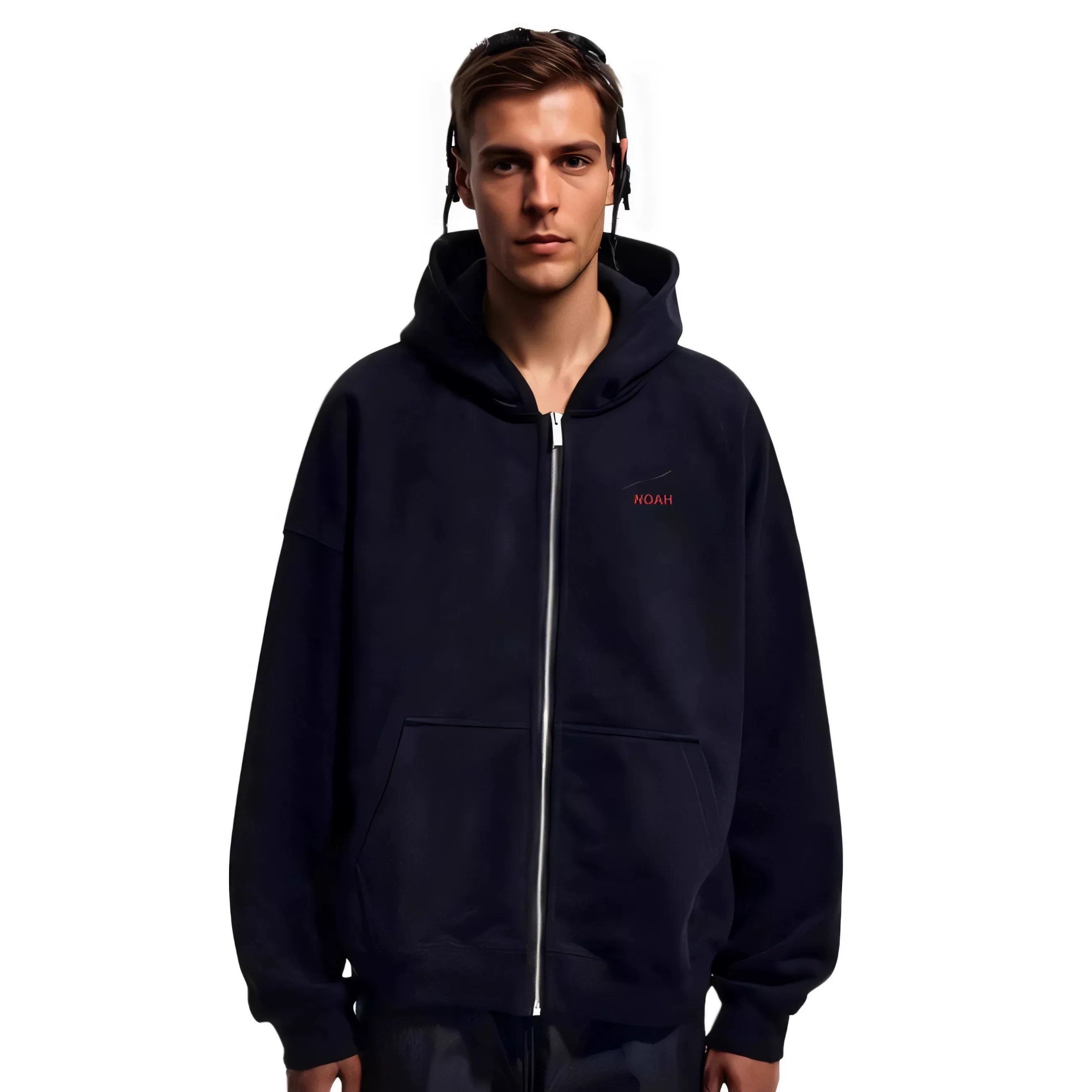 NOAH MARS Men Wave Print Zip Hoodie Looped Fleece Autumn American Casual