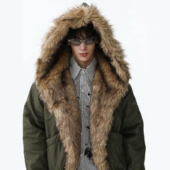 NOAH MARS Old Money Fur Collar Short Hooded Mountain Graphic Warm Cotton Jacket