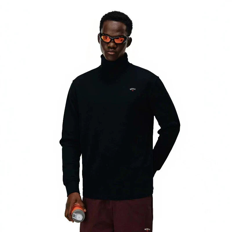 NOAH MARS Men Mock Neck Warm Base Long Sleeve Tee Chest Cross Embroidery Logo